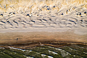 Aerial view of person silhouette shadow standing on Baltic sea shore beach in Klaipeda, Lithuania. Perspective of beautiful nature patterns on surface.
