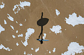 Aerial view of surfer silhouette shadow walking on the beach in winter time in Klaipeda, Lithuania.