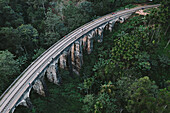 Aerial view of tourists walking on famous Nine arch bridge in Demodara, Ella, Sri Lanka.