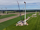 Aerial View of wind turbine during maintenance, Krummensee, Werneuchen, Brandeburg, Germany.