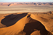 Luftaufnahme von Sanddünen in der Namib-Wüste. Die Kameldornbäume (Acacia erioloba) wachsen entlang des trockenen Flussbettes des Tsauchab-Flusses. Am Abend, Namib-Naukluft-Nationalpark, Namibia.