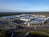 Berlin, Germany - 08 January 2023: Aerial view of Tesla Gigafactory, the first Tesla manufacturing location in Europe, Berlin-Brandenburg, Germany.