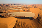 Luftaufnahme von Sanddünen in der Namib-Wüste. Die Kameldornbäume (Acacia erioloba) wachsen entlang des trockenen Flussbettes des Tsauchab-Flusses. Am Abend, Namib-Naukluft-Nationalpark, Namibia.