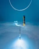 Luftaufnahme der Lujiazui-Türme in tiefem Nebel bei Nacht in Shanghai, China.