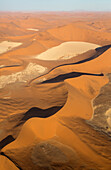 Luftaufnahme von Sanddünen in der Namib-Wüste. Die Kameldornbäume (Acacia erioloba) wachsen entlang des trockenen Flussbettes des Tsauchab-Flusses. Am Abend, Namib-Naukluft-Nationalpark, Namibia.