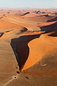 Luftaufnahme von Sanddünen in der Namib-Wüste. Die Kameldornbäume (Acacia erioloba) wachsen entlang des trockenen Flussbettes des Tsauchab-Flusses. Am Abend, Namib-Naukluft-Nationalpark, Namibia.