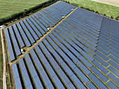 Aerial view of peatland photovoltaic panels at the ecological Solarpark Klein Rheide, Schleswig-Holstein, Germany.