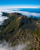 Aerial view of Cumbre Vieja volcanoes (volcano Duraznero and volcano Deseada) in La Palma island near Villa de Marzo, Canary islands, Spain.