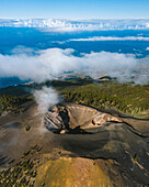 Aerial view of Duraznero volcano in Cumbre Vieja Natural park near Villa do Marzo in La Palma, Canary islands, Spain.