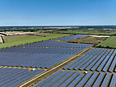 Aerial view of peatland photovoltaic panels at the ecological Solarpark Klein Rheide, Schleswig-Holstein, Germany.