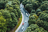 Aerial view of city traffic on curved road between green trees in Kaunas, Lithuania