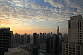 Aerial view of sunset over downtown Dubai, United Arab Emirates.