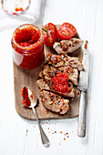 Tomato and apple chutney with chilli and beef steak