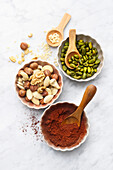 Almonds, nuts, pistachios and cocoa powder