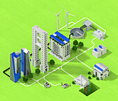 City powered by green electricity, illustration