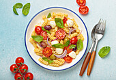 Italian fusilli salad with cherry tomatoes, mozzarella and olives