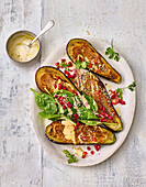 Vegan miso aubergines with spinach and tofunaise