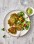 Courgette pancakes with halloumi and dip