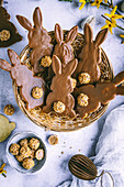 Easter bunny biscuits with almond balls in an Easter basket