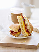 Ciabatta sandwich with egg and bacon