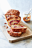 Swirl bread with cranberries and caramel glaze