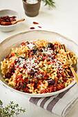 Fusilli lunghi alla puttanesca with capers and olives