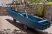 Traditional wooden fishing canoe from the Coastal Region in the Ethnographic Museum, Mitad del Mundo, Ecuador.