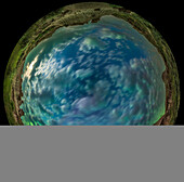 A moonlit 360º panorama at Dinosaur Provincial Park, Alberta, with a bright green aurora across the north, at bottom, behind the clouds moving in from the north, on June 2, 2025. Illumination is from the waxing quarter Moon amid clouds at left. The Kp Index was peaking at 7 this night, but even with the clouds, the aurora seemed to remain a bright but mostly diffuse glow.