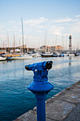 Sailing boats at sunset in Barcelona Port Vell Marina, Barcelona, Spain