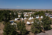 Aerial view of the Fort Bridger Rendezvous at the Fort Bridger Historic Site in Wyoming, a reenactment of the mountain man era. Prior permission granted for drone photography at site.