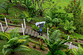 Staff carrying baggage at the Yarina Ecolodge by the Napo River in the Amazon Basin of Ecuador.