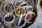 A woman shows sources for natural dye colors in the Tahuantinsuyo Weaving Workshop, Otavalo, Ecuador.