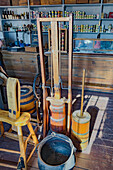 Antique butter churns in Carter's commissary store from the 1800s at the Fort Bridger Historic Site in Wyoming.