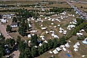 Aerial view of the Fort Bridger Rendezvous at the Fort Bridger Historic Site in Wyoming, a reenactment of the mountain man era. Prior permission granted for drone photography at site.