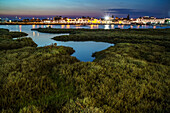 Twilight covers Punta del Moral, illuminating lush marshes and Isla Cristina's lights, creating a serene scene.