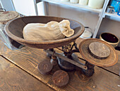 Antique balance scales in Carter's commissary store from the 1800s at the Fort Bridger Historic Site in Wyoming.