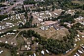Aerial view of the Fort Bridger Rendezvous at the Fort Bridger Historic Site in Wyoming, a reenactment of the mountain man era. Prior permission granted for drone photography at site.