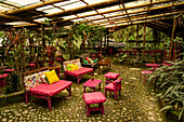 Eine überdachte Terrasse in der El Septimo Paraiso Lodge, einer Ökolodge im Nebelwald bei Mindo, Ecuador.