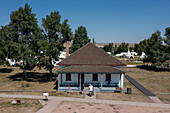 Aerial view of the New Guard House in the Fort Bridger Historic Site in Wyoming. Prior permission granted for drone photography at site.