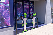 Alien statues in front of the International UFO Museum in Roswell, New Mexico.