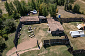 Aerial view of the reconstructed replica of old Fort Bridger in the Fort Bridger Historic Site in Wyoming. Prior permission granted for drone photography at site.