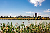 Cranes and towers at Port of Seville blur beside swaying reeds by the Guadalquivir, highlighting heavy manufacturing's core.