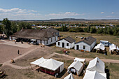 Aerial view of the museum, old commisary & old guard house in the Fort Bridger Historic Site in Wyoming. Prior permission granted for drone photography at site.