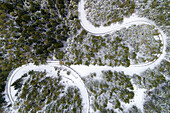 Aerial view of former Olympic bobsleigh track surrounded by serene snowy forest, Sarajevo, Bosnia and Herzegovina.