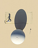 Aerial view of a surreal scene with a dark silhouette figure standing over a white figure, casting long shadows on a sandy surface, Split, Split-Dalmatia County, Croatia.