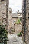 View of a narrow stone alleyway with plants and flowers adorning the ancient buildings, a quiet passage to another time, Spello, Umbria, Italy.
