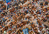 Aerial view of cattle market bustling with activity, a vibrant scene of trade and community amidst a tapestry of browns and creams, Mahasthan, Rajshahi Division, Bangladesh.