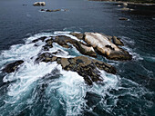 Luftaufnahme einer abstrakten Küstenlandschaft mit zerklüfteten Felsen und krachenden Wellen, Cape Peninsula National, Westkap, Südafrika.