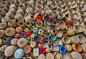 Bogura, Bangladesh - 29 October 2020: Aerial view of vibrant handicrafts being made with colorful woven baskets and artisans at work, Sherpur, Bogura, Rajshahi, Bangladesh.