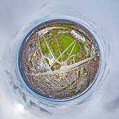 Aerial view of a tiny planet perspective of a beautiful urban landscape featuring a park, residential area, and trees, Hull, England, United Kingdom.